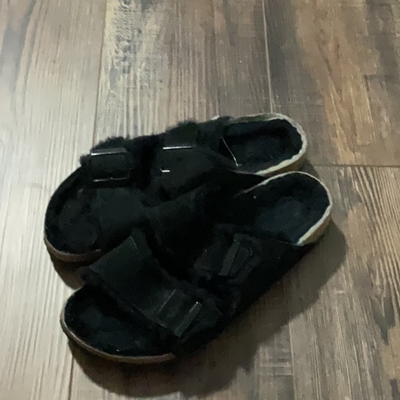 Birkenstock Shoes - Black Fuzzy Birkenstock Slide Sandals